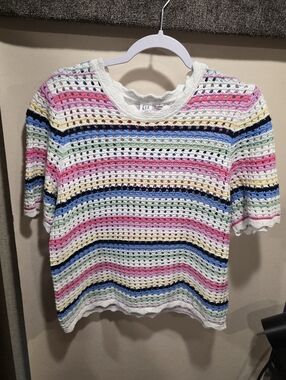 GAP Cream Multicolor Striped Crochet Short Sleeve Top